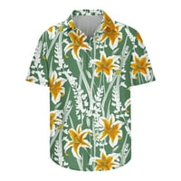 Odeerbi Men's Summer Hawaiian Rish Graphic Beach тениски ежедневни копчета Цветна блок печат с джобни въртящи се къси ръкав блуза зелено