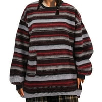 Есен пуловери за жени дълъг ръкав плюс размер джоб шарени Цветен блок Случайни екипажа пуловер плетени блузи