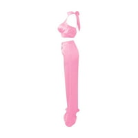 Клирънс yohome Два летни комплекта дамски еротогенни сатинти на халтер отворен пъп гръб подрязани горни панталони за крака лъскав комбинезон розов xxl