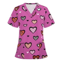 Muxika Scrubs for Women Heart Print V-образно деколте с къси ръкави отгоре с джобове, дамски върхове блузи, удобни работни дрехи работни тениски тениски тениски