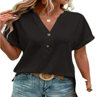 Тениска на тениска с къси ръкави за летни върхове V в шия тениска удобна плажна туника блуза черна 3XL