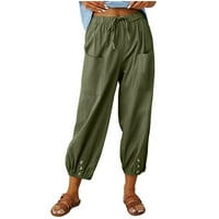 Дамски панталони широк крак клирънс Мода жени летни ежедневни хлабав памук и бельо джоб твърди панталони зелени панталони