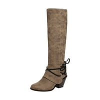 Symoid Womens Knee High Boots- Дълги ботуши Оценени дантелени ботуши Топли твърди рицарски ботуши на висок ток Кожени ботуши Khaki 38