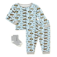 Спи на него бебе момче и малко дете момче стегнат комплект пижама с чорапи, размери 12м-4Т