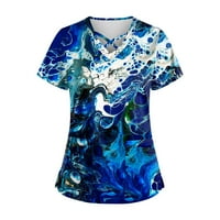 Женски върхове с къс ръкав дами блуза ежедневни графични отпечатъци лято v-образно мода Royal Blue L