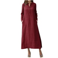 Absuyy рокли за жени ежедневни с джобове със солиден цвят бутон памучен спално бельо V-образно деколте дълги рокли с размер на виното m