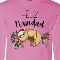 Мастически Feliz Navidad Сладка коледна ленива в шапка и светлини с дълъг ръкав тениска