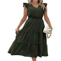 Колиша дами Midi рокля Ruffer Sleeve Swing Ressions V Neck Casual Party Leeveles Dark Green XL