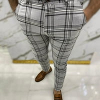 Рокля панталони за мъже тънък прилепнал кариран модел еластичен талия бутон с цип прав костюм панталони ежедневни дишащи ежедневни удобни панталони за молив сив xl