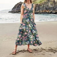 Просвета летни рокли за жени без ръкави на глезена модна отпечатана макси плаж халтер рокля сиво xl