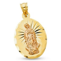 Овална Дева Мария печат висулка твърдо 14к Жълто розово злато Гуадалупе чар два тона