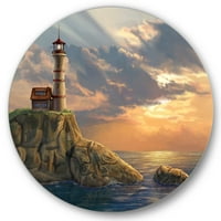 Art DesignArt 'Фара на скалиста крайбрежна скала по залез Морски и крайбрежен метален кръг стена изкуство - диск на