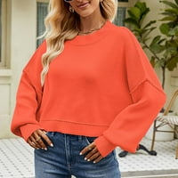Пуловери за време за жени за ежедневни плътни цветове ретро плетене с дълъг ръкав кръг на врата, диня червено, m