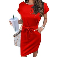 рокли за жени дамски летни райета с къс ръкав тениска рокля ежедневни вратовръзка талия с Джобове Дамски ежедневни рокли червено + ххл