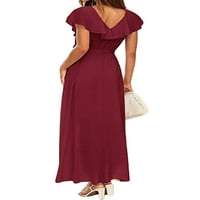 Авамо дами дълга рокля солиден цвят Лятна плаж Sundress V Neck Maxi Ressions Loose Sexy Bohemian Wine Red XL