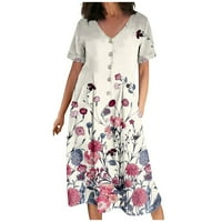 Просвета летни рокли за жени с къс ръкав средна дължина ежедневна флорална а-линия V-образно деколте кафяви s
