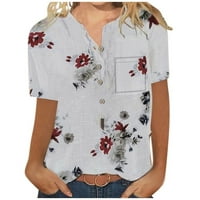 Летни блузи за жени с къс ръкав флорални в Деколте ежедневни туника блуза хлабав риза бутон Хенли риза, сив Хххл