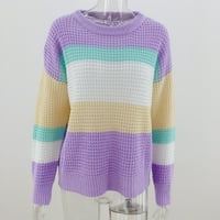 Есенни пуловери за жени модни ивици пачуърк o Врат дълги ръкави ежедневни пуловер блуза върхове полиестер лилаво s