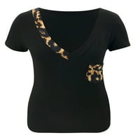 Елелуни жени леопард v тениска на шията тънък год с къс ръкав върхове тройници блуза черно l