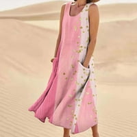 Chueow дамски летни рокли ежедневни кръгли вратни плажни джобове без ръкави от печат от печат