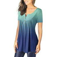 Knosfe плюс размер на туника върхове за жени градиент свободен год летни блудни ризи бутон надолу с къс ръкав Хенли ежедневна тениска синя 4xl