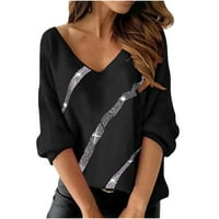 Дамски плюс размер върхове дамски v шия модна геометрична щампа блуза дълъг ръкав ежедневни разхлабени ризи върхове