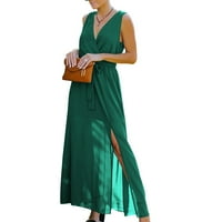 Летни рокли за жени с v-образен бохемски солидна дължина на глезена Макси клуб рокля без ръкави Зелен XL