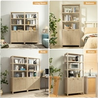 Surmoby Rattan Booksheffer с врати, шкаф за книги с рафтове с шкаф за съхранение, 3-степенни отворени рафтове за рафтове за хол, домашен офис, спалня, спалня