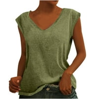 Дамски Летни Потници Дамски Плътен Цвят Шапка Ръкав Блузи Тениска Ежедневни Хлабав Годни Основни Ризи Потници Армия Зелен С