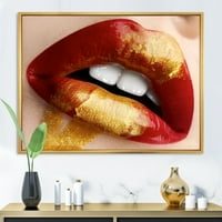 Дизайнарт 'дебеличка жена устни със злато и червено' модерна рамка платно стена арт принт