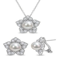 Култивирана сладководна перла и 4-Каратов Т. Г. В. създаден бял сапфир Сребро 2-бр цвете висулка с верига и обеци комплект