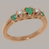 Британски направени 14K Rose Gold Natural Emerald & Cultured Pearl Womens Band Ring - Опции за размер - размер 9.5