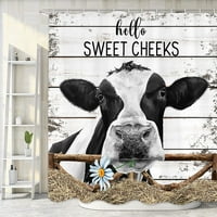 Селска къща крава душ завеса за баня, сладки селски ферми животни бик добитък върху сиво сиво дървена тъкан за душ завеси комплект, забавна селска плевня врата аксе