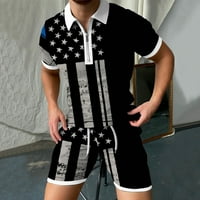 Мъжки Ден на независимостта летни шорти комплект летен анцуг цип ревер с къс ръкав риза и шорти комплект ежедневни анцуг черно с