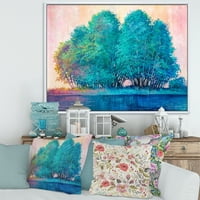 Дизайнарт 'Син Цвят Дърво Импресия От Езерото' Езеро Къща Рамка Платно Стена Арт Принт
