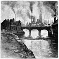 Шефилд, Англия, 1884 г. Изглед на Шефилд, Англия, показващ фабрики с изглед към реката. Гравиране на дърва, 1884. Плакатен печат от
