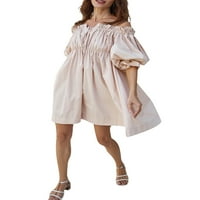 Бебе жени лято случайни мини рокля Плътен цвят от рамото лодка врата бутер ръкав сладка рокля мода темперамент рокля за парти Свободно Време