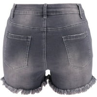 Жените Плюс размер жена лято Плътен цвят джоб твърди дънки каубой панталони женски дупка дъното Случайни шорти сив 10