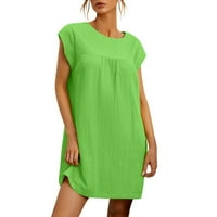 Дамски ежедневни памучни и бельо рокля без ръкави хлабав къса рокля Плътен цвят екипажа врата Мода поток рокля зелен хл