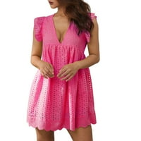 Дамски рокли Clearance Midi рокля, A-Line късо ръкав разхлабена V-образна летна рокля горещо розово m