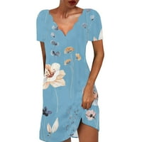 Yeasitch женски бохо V Neck Ress Navely Floral Print Лято сладък плаж Кратка рокля мини рокли Елегантно синьо m