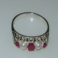 Британски направени стерлинги Silver Natural Ruby & Cultured Pearl Womens Band Ring - Опции за размер - размер 8.25