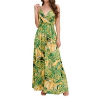 Dyfzdhu летни рокли за жени Лято v Врат Флорален плюс размер без ръкави Елегантна дълга рокля