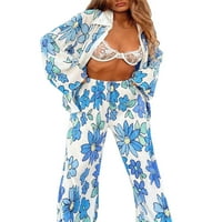 Diconna жени y2k панталони комплект огромни флорални отпечатани бутон надолу риза с висока талия панталони летни улични дрехи сини l