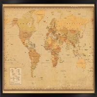 Античен плакат за стенна карта на света, 22.375 34 в рамка