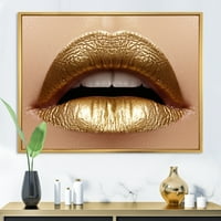 Дизайнарт 'близък план на жена дебелички устни със златно червило' модерна рамка в рамка платно за стена арт принт