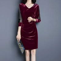 Жени модни есен V-образно деколтово кадифено сплайсинг дължина на коляното с половин ръкав рокля xxl