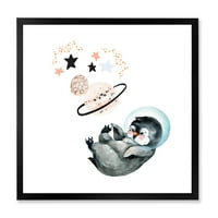 Малък пингвин с планети и звезди в рамка Арт Принт