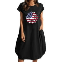 Женски рокли Деня на независимостта Слънчогледи отпечатани свободни къси ръкави кръгла шия с джоб 4 юли САЩ флаг Разхлабени рокли за жени