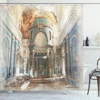 Антична завеса за душ, стара възрожденска архитектура с колони Арт Принт, плат плат декор за баня с куки,, петрол синьо невен